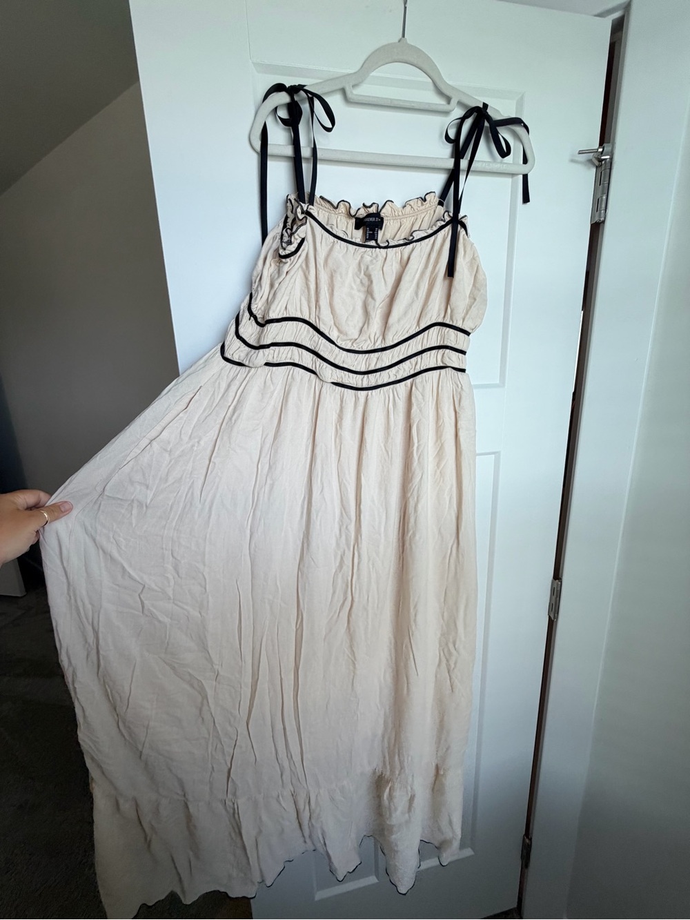 Cream Maxi Dress with Black Trim and Tie Straps